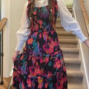 Boho prairie tiered ruffle multicolor Vacay Resort Cottagecore maxi dress L